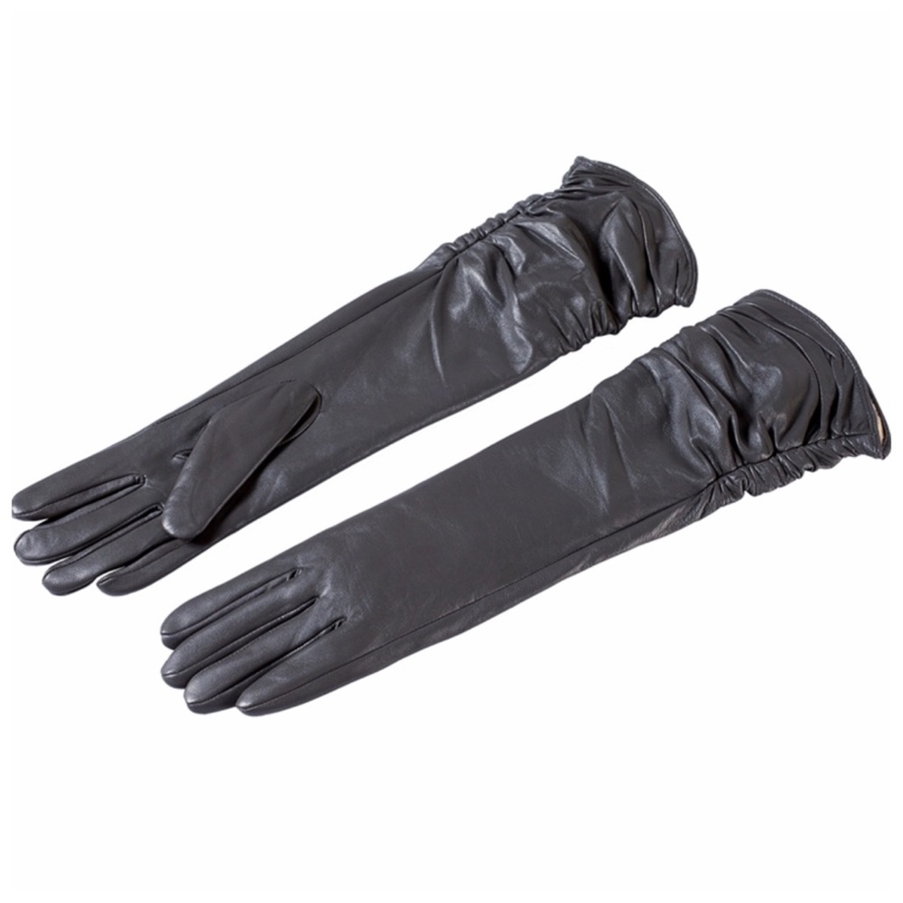 Gray Leather Ruched Cashmere Lined Gloves - Picture 4 of 7